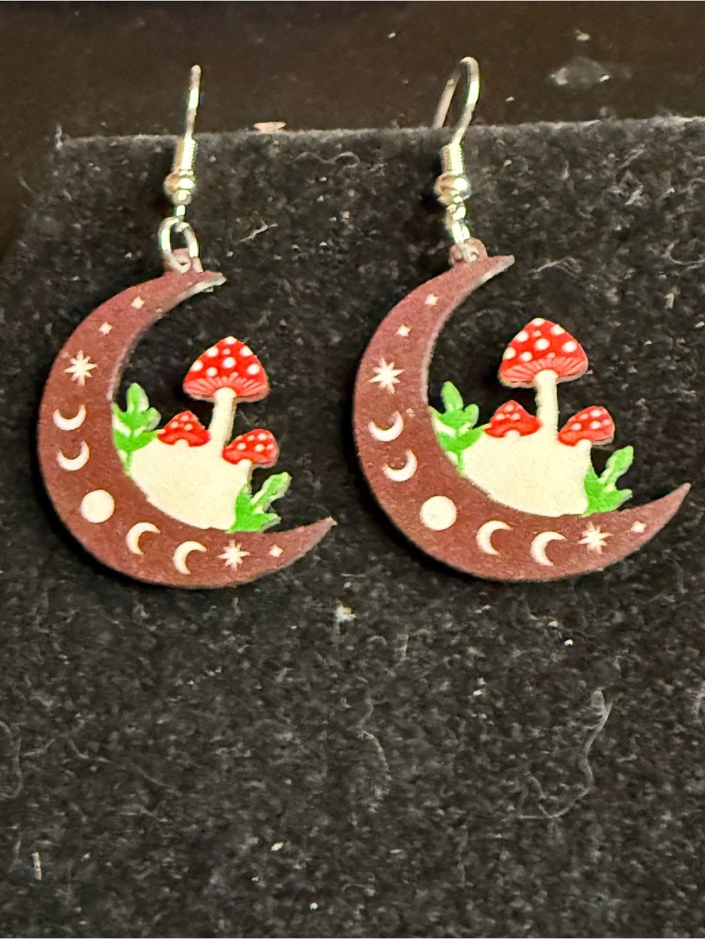Red Mushroom Crescent Moon Earrings with Green Accents - Women Jewelry